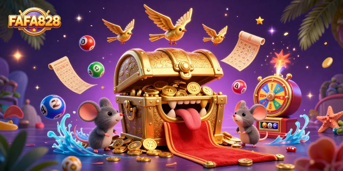 Experience exciting wins at FAFA828 with vibrant lottery scenes and treasures in an engaging casino illustration.