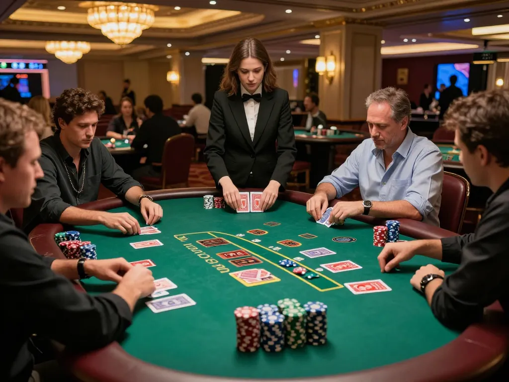 Engaged players at a blackjack table in upscale casino showcasing fly 88 strategy