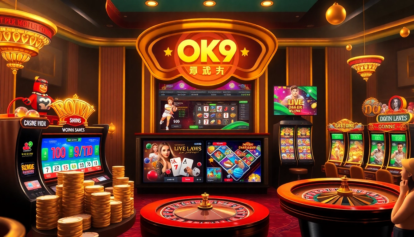 Visual representation of trang chủ OK9 showcasing exciting sports betting odds, vibrant slot machines, and a lively casino atmosphere.