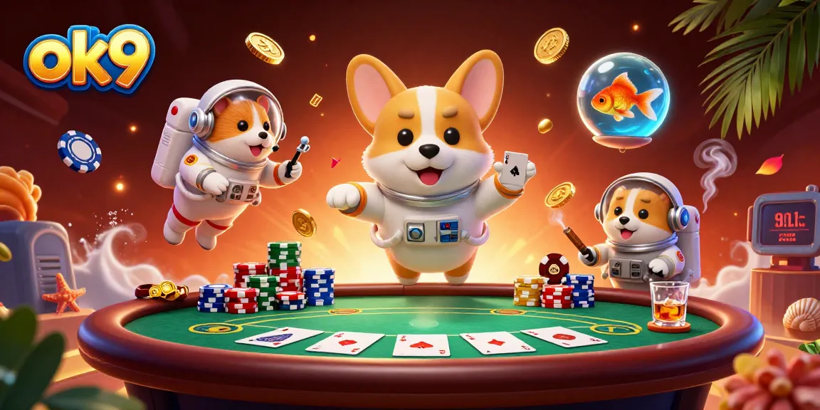 ok9 casino experience with a floating corgi astronaut, poker chips, and vibrant gameplay details
