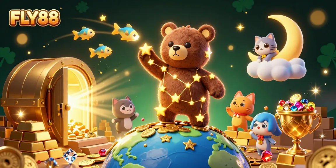 FLY88 invites gamers to win big with vibrant 3D characters and sparkling treasures in an exciting casino scene.