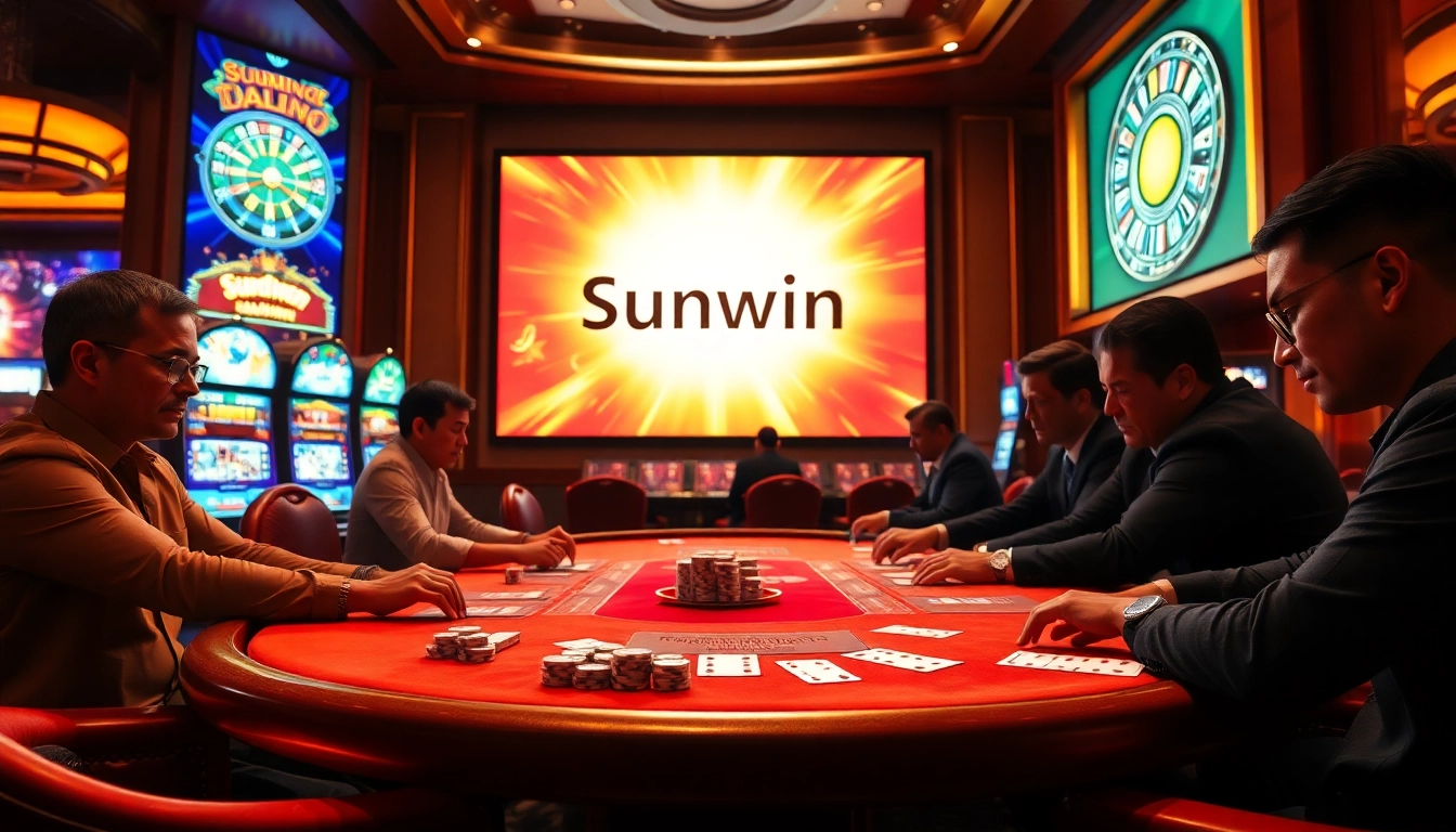Experience the excitement of Sunwin with vibrant casino visuals showcasing poker tables and engaging gamblers.