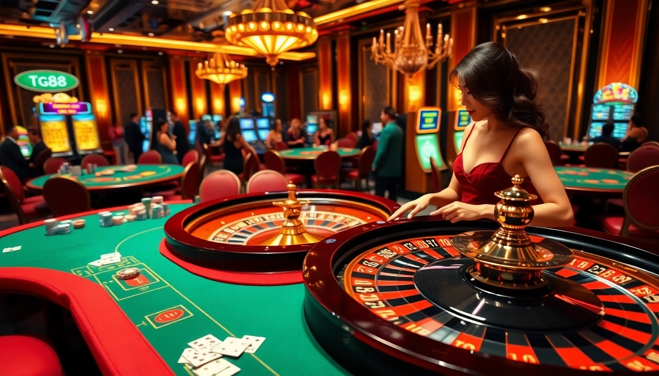 Enjoying the thrill of casino gaming with tg88 link at an upscale gambling setup featuring poker tables and roulette.