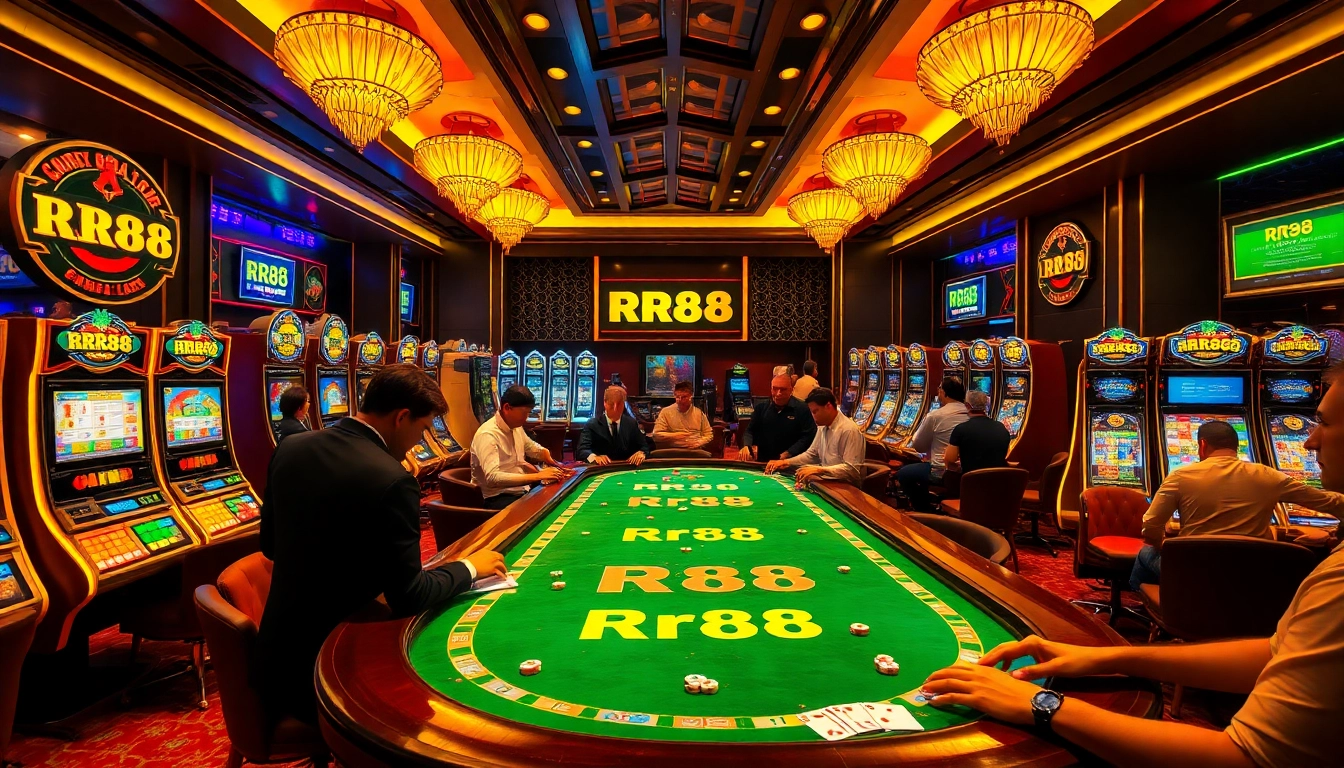 Exciting gambling at RR88 casino tables with vibrant slot machines and poker action.