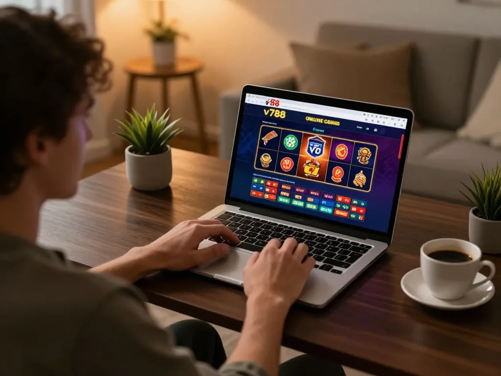 Player engaging with the v788 online casino platform on laptop, showcasing an inviting gaming environment with strategic gameplay.