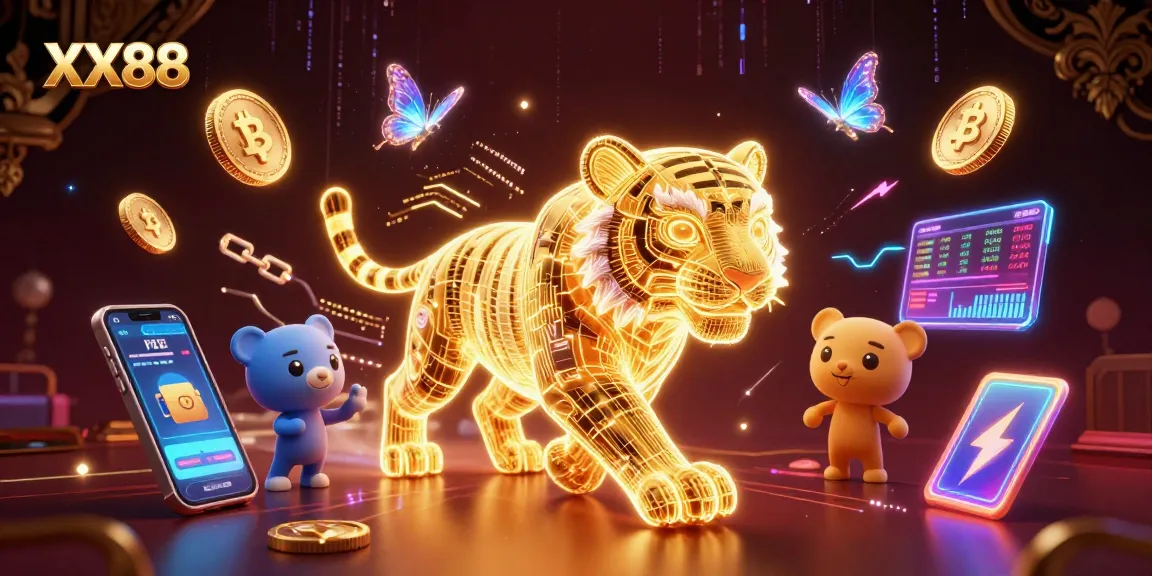 Experience the thrill of XX88 with vibrant neon tigers and crypto coins in a digital casino.