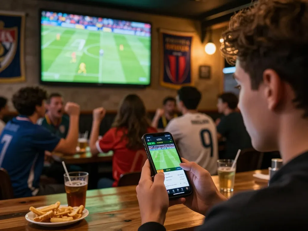 Engaging scene of sports betting with footballresults displayed on a smartphone amidst a lively match screening in a sports bar.