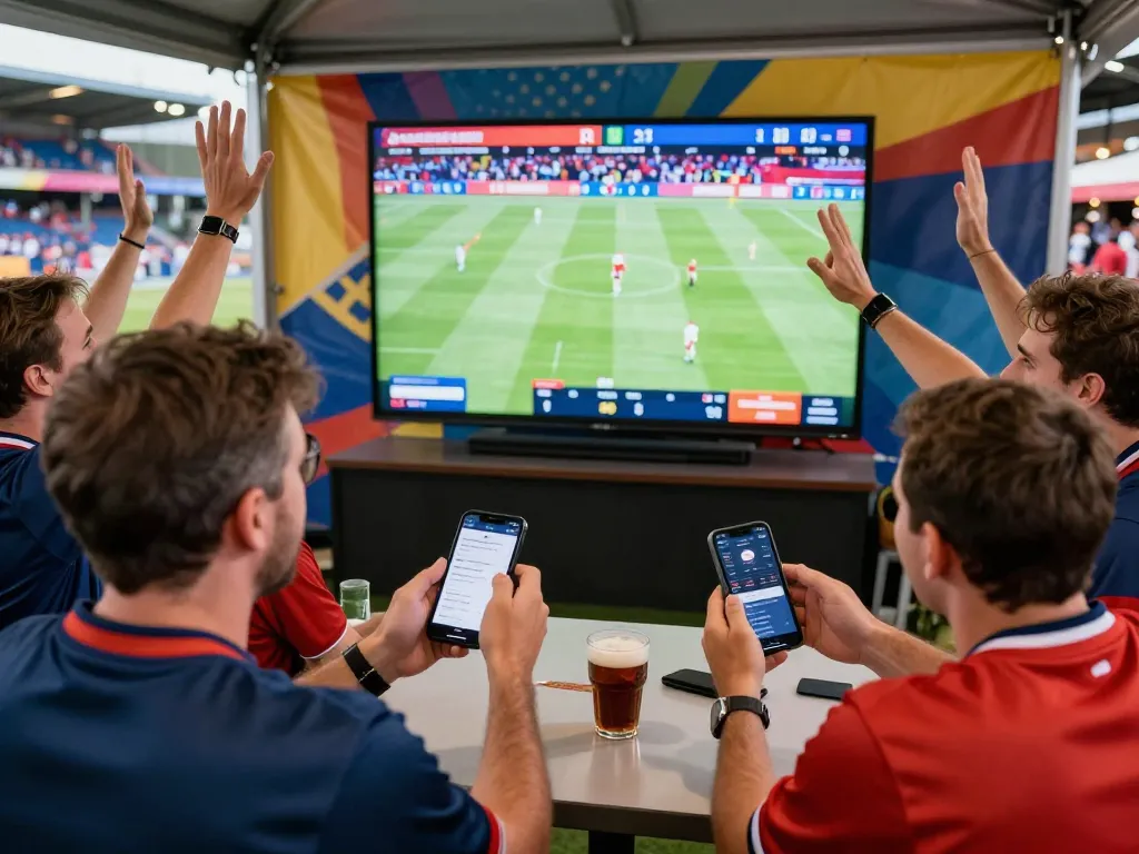 Fans engaging with sports betting apps at a live game while enjoying the atmosphere at uk88.