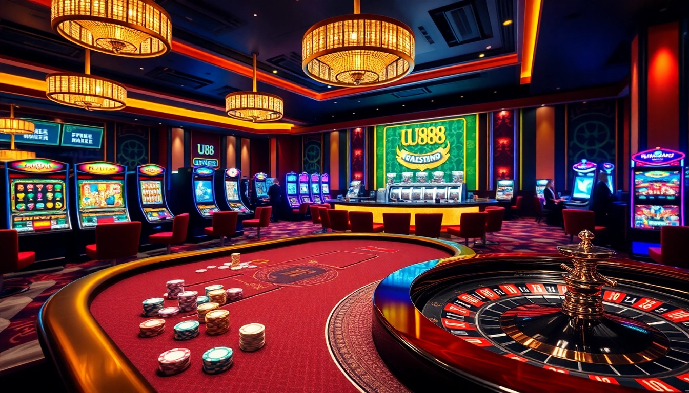 UU88 offers an engaging gambling scene featuring vibrant poker chips and a roulette wheel.