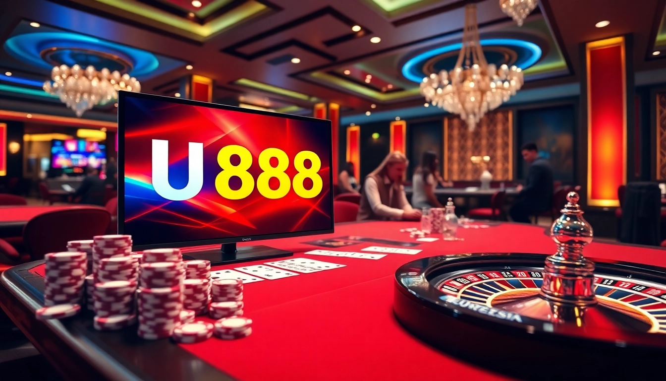 Experience the excitement of U888 online casino with vibrant gaming displays and poker action.