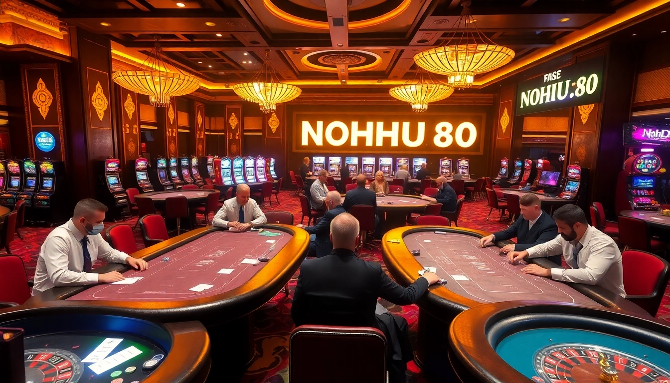 Engaging players at NOHU90, vibrant poker tables in a luxurious casino setting.