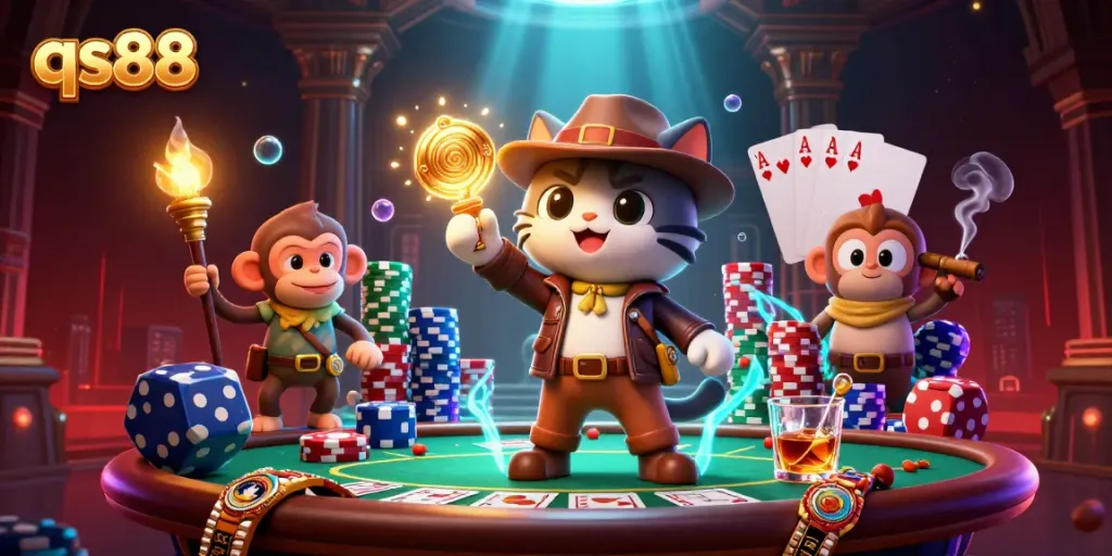 Experience qs88 in a vibrant casino scene with an animated archaeologist cat uncovering treasures.