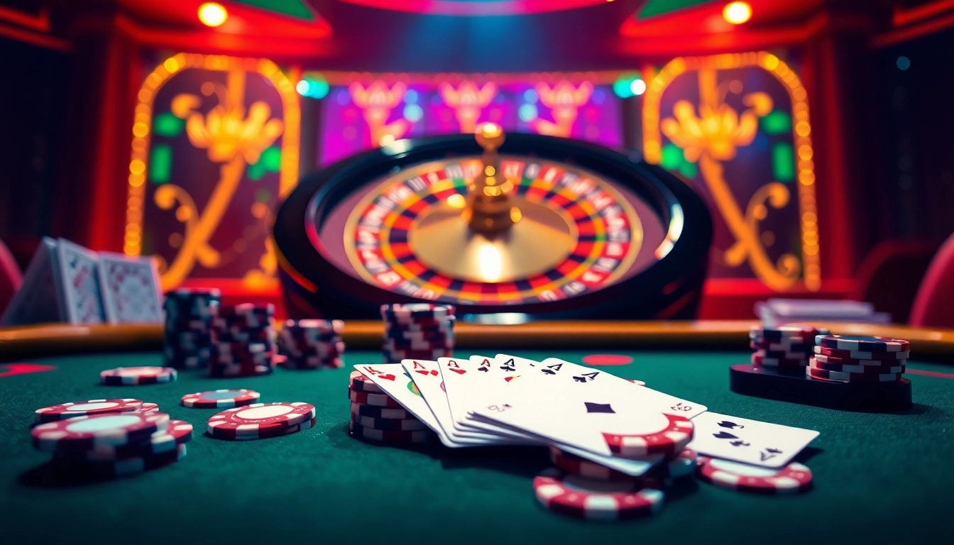 Engaging scene of players enjoying the LC88 game at a lively poker table with colorful chips.