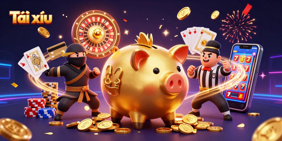 Experience the Tài xỉu excitement with characters battling amidst flying coins, sparkles, and gaming elements.