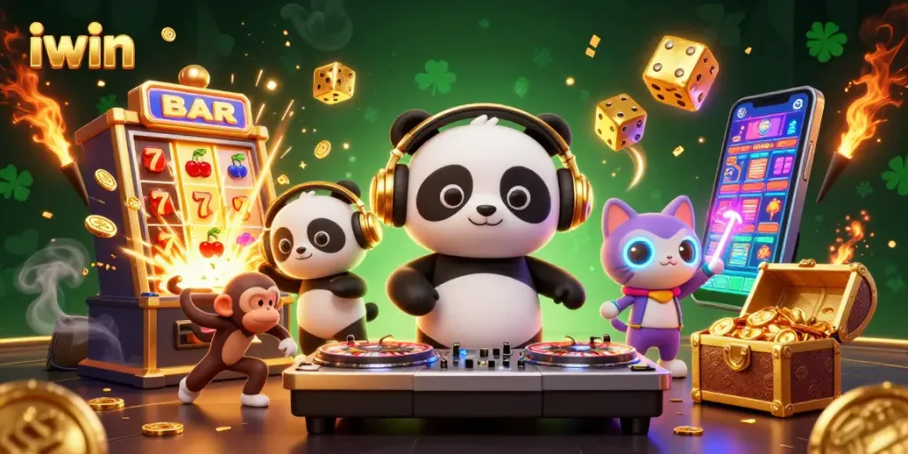 Join the fun with iwin's lively casino scene featuring a DJ panda and vibrant game elements!