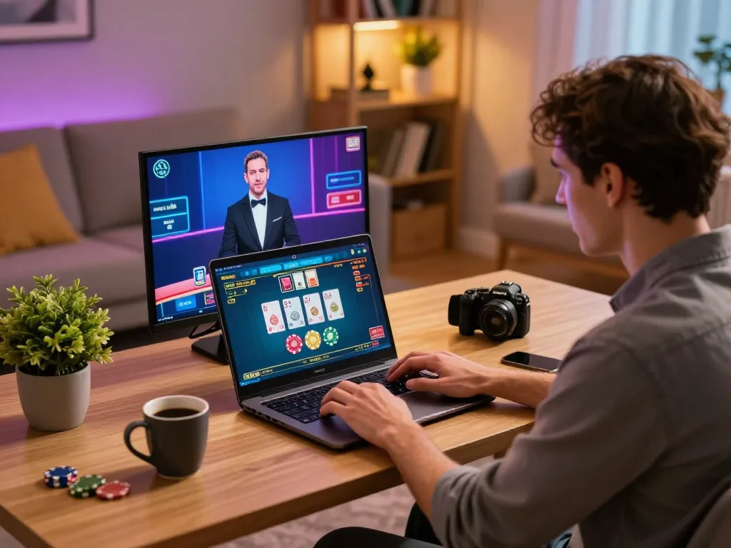 Engaging in online casino gameplay with 32win con at a stylish desk setup, showcasing a live dealer interface.