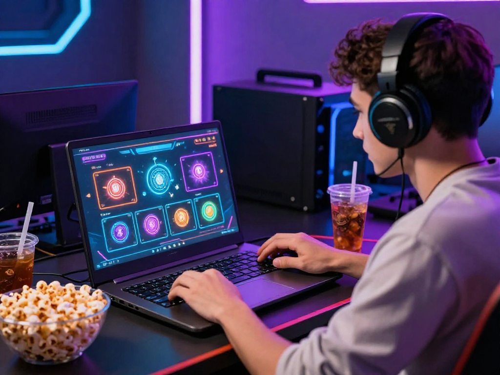 Engaging scene of a young adult at a crypto casino, immersed in online gaming with vibrant neon elements.
