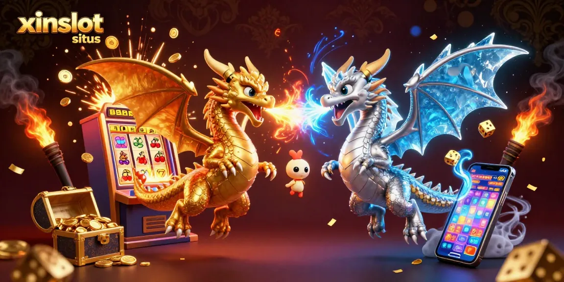 Experience thrilling gaming with xinslot situs featuring colorful dragons and slot machines in a dynamic casino scene.