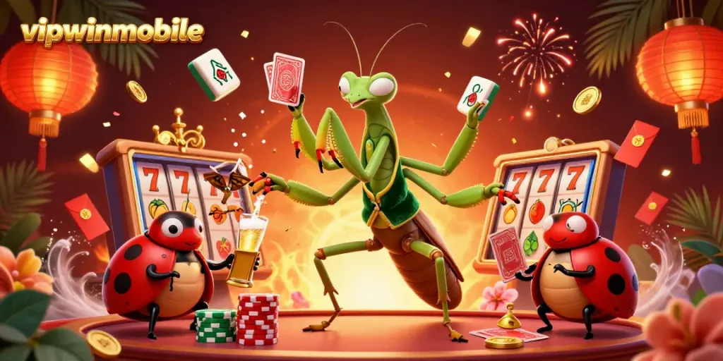 Experience thrilling action at vipwinmobile with vibrant slot elements, featuring a playful mantis dealer and ladybug pit boss.