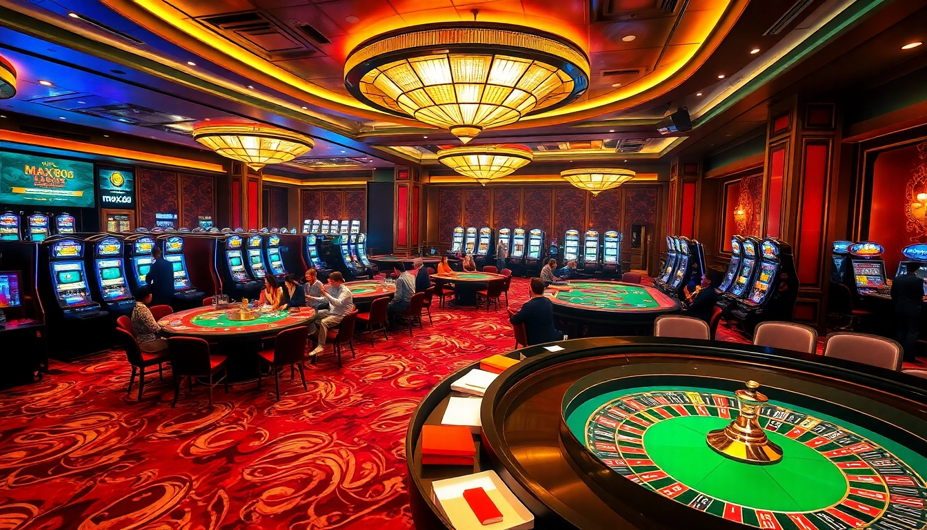 A dynamic casino scene showcasing max88 with players engaging at poker tables and vibrant slot machines.