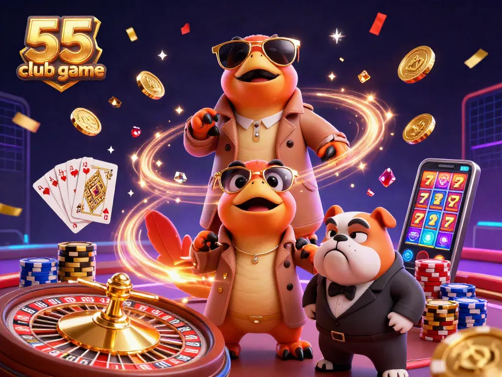 Experience the thrill of the 55 club game with raptors sneaking into a VIP casino lounge amidst gold coins and card games.