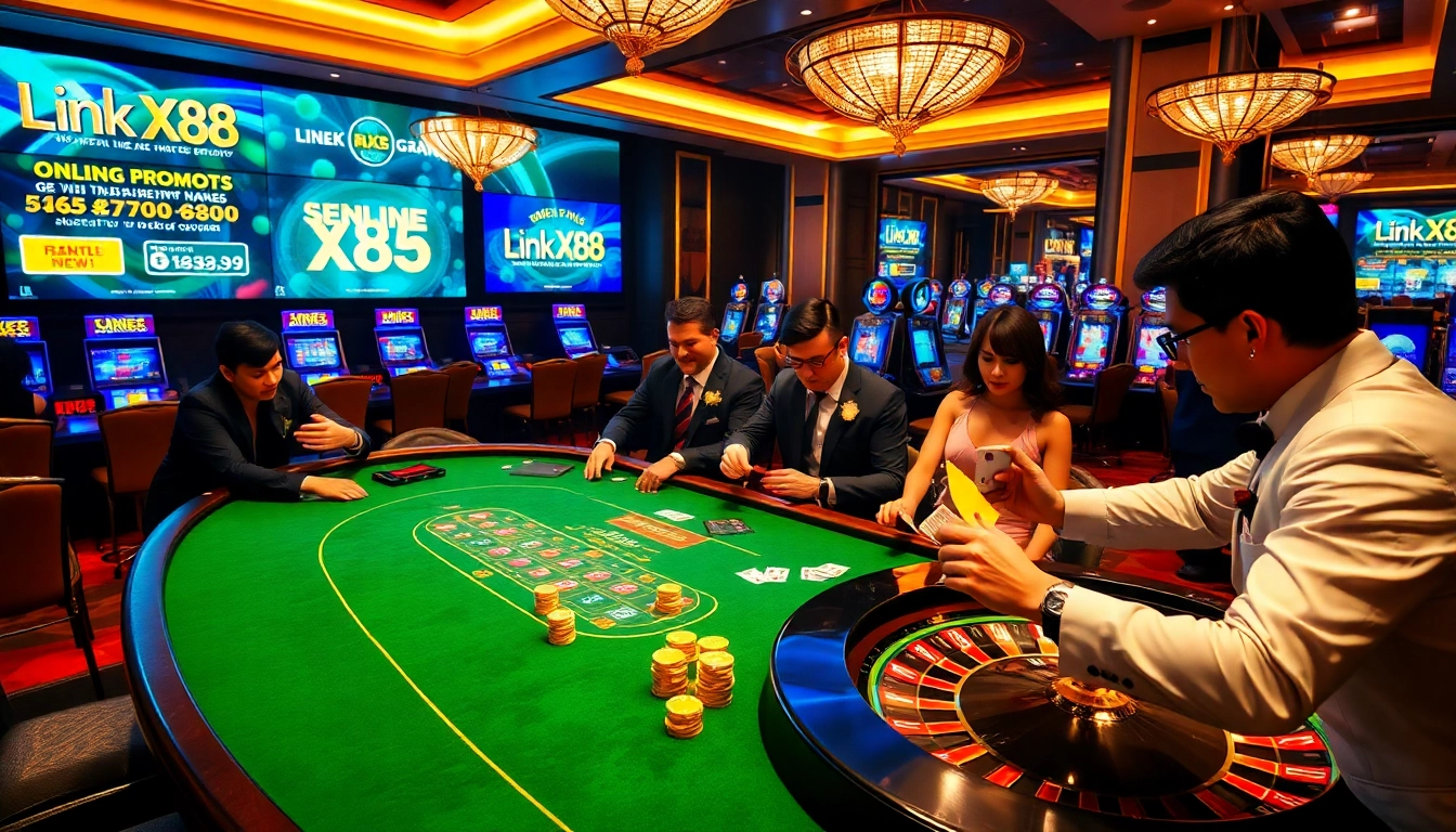 Engage at the glamorous poker table featuring Link X88, showcasing high-stakes gameplay and vibrant casino elements.