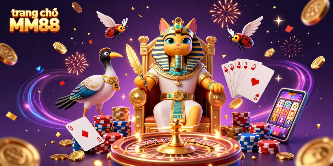 Engage with top games at trang chủ MM88, featuring a vibrant 3D illustration of casino elements and characters.