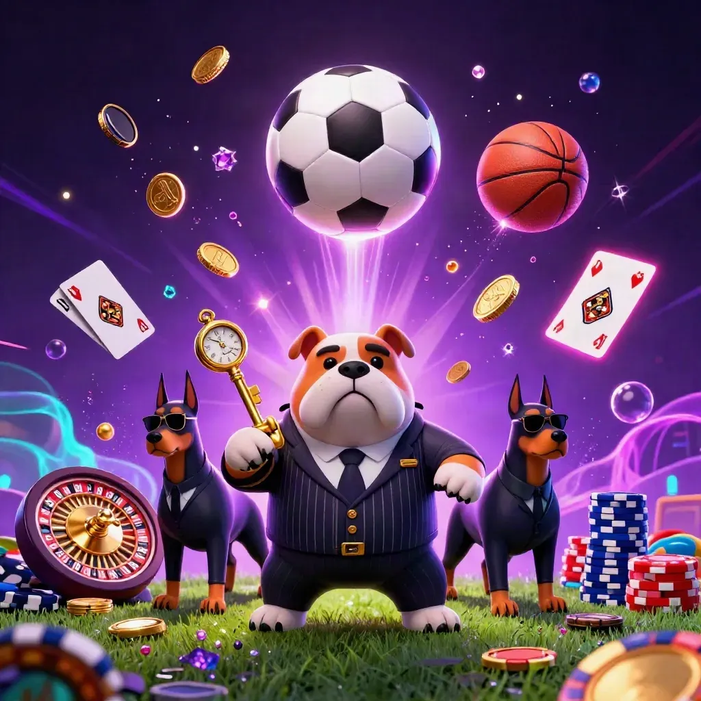 Suited bulldog and Dobermans amid flying sports balls, coins, chips, and neon casino energy.