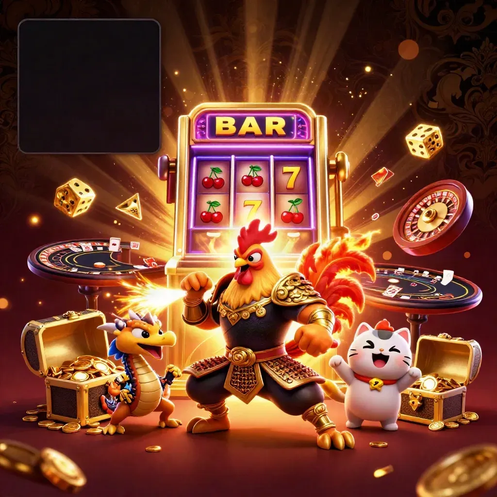 Rooster samurai, dragon hatchling and fortune cat amid casino symbols, gold light and luxury bokeh.