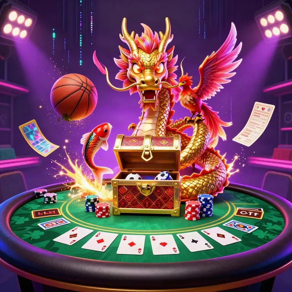 Golden dragon, phoenix, koi and casino chips exploding around sports balls in neon club light.