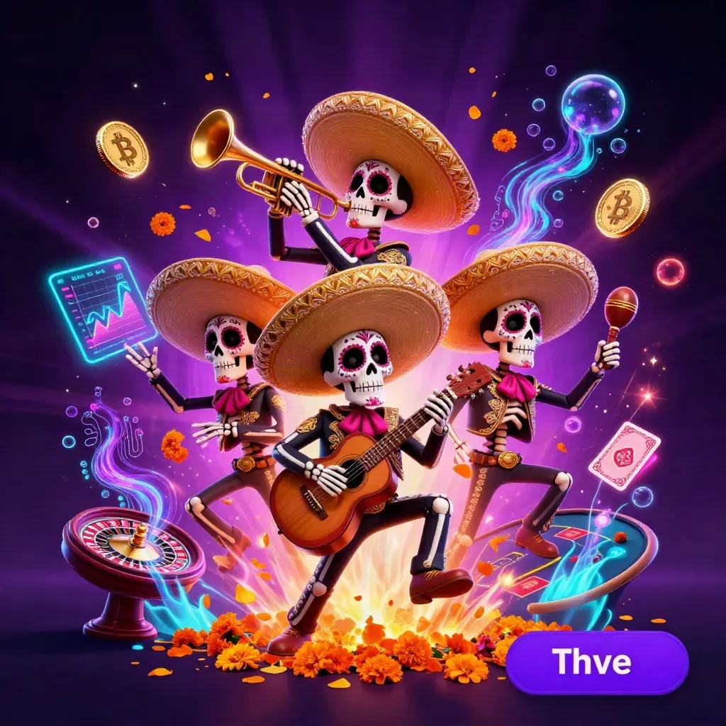 Skeleton mariachi trio amid neon casino coins, roulette wheel, cards, and glowing purple-pink light.