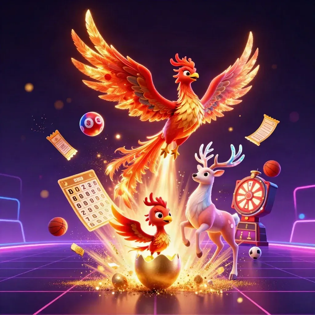 Fire phoenix, baby phoenix, and crystal stag amid casino balls, wheel, tickets, and neon light.