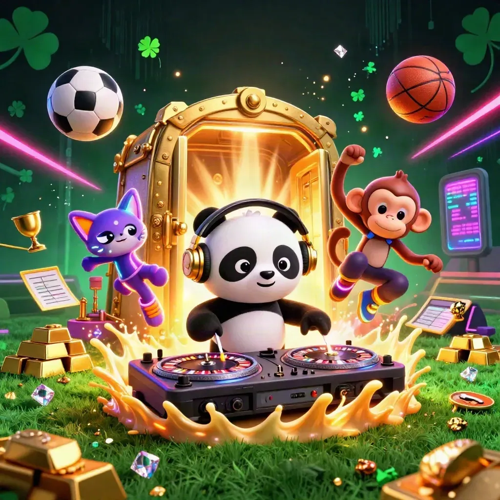 DJ panda, breakdancing monkey, and glow-stick kitten amid vault gold, sports balls, and neon energy.