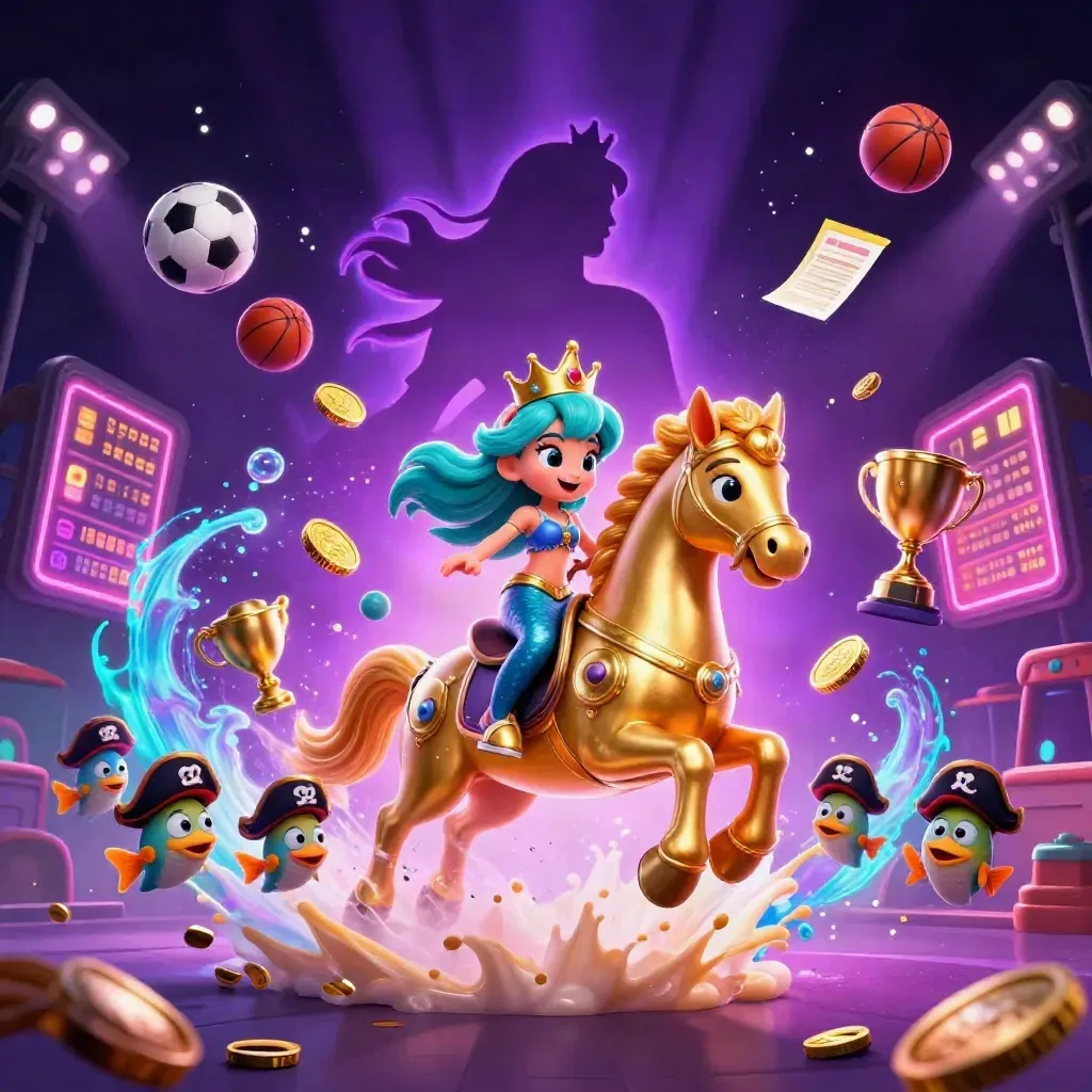 Mermaid princess on armored seahorse with pirate fish, flying sports balls and neon casino glow