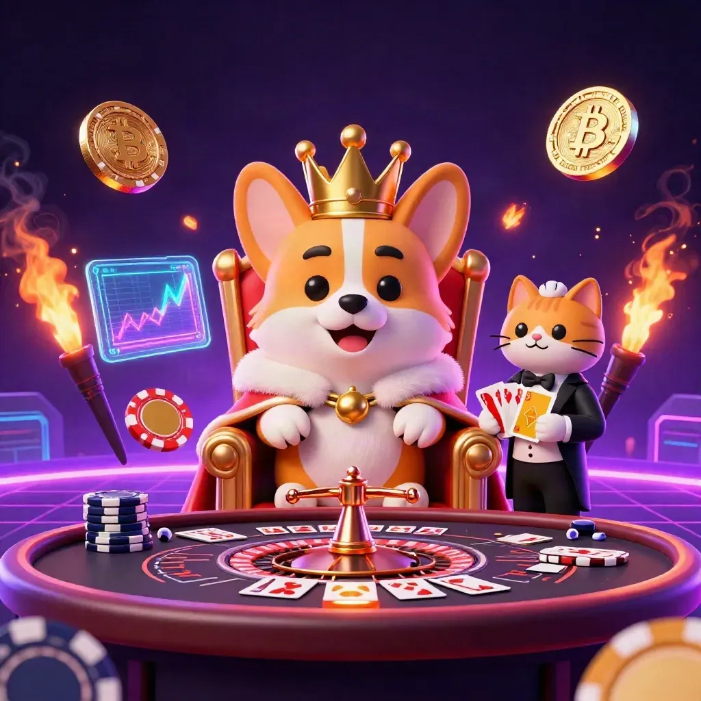 Royal corgi and cat butler in a neon casino scene with coins, cards, and glowing lights.
