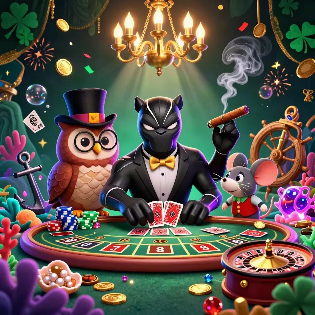 Panther, owl, and mouse in a luxe neon casino cove with cards, coins, and glowing effects.
