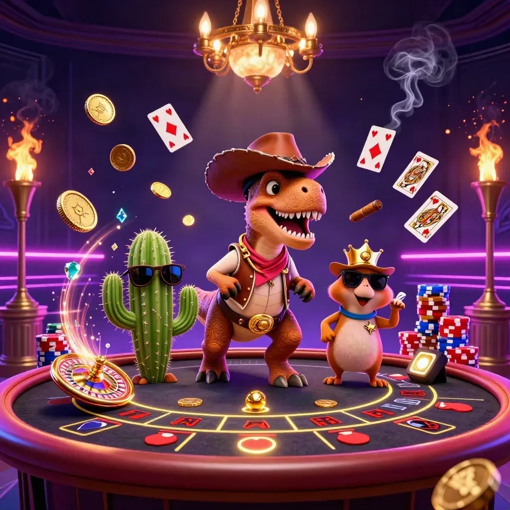 Cowboy T-Rex trio in a neon casino with coins, roulette, cards, and chip stacks.
