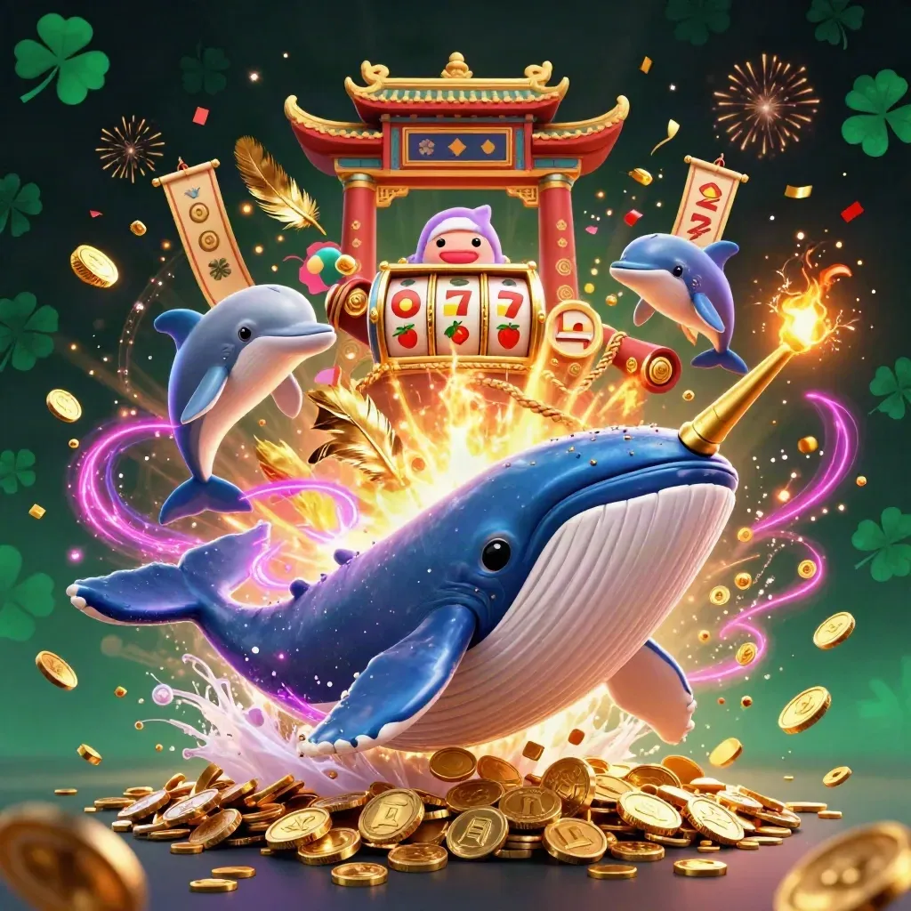 Whale captain, narwhal and dolphins burst from coins in a neon casino fantasy.