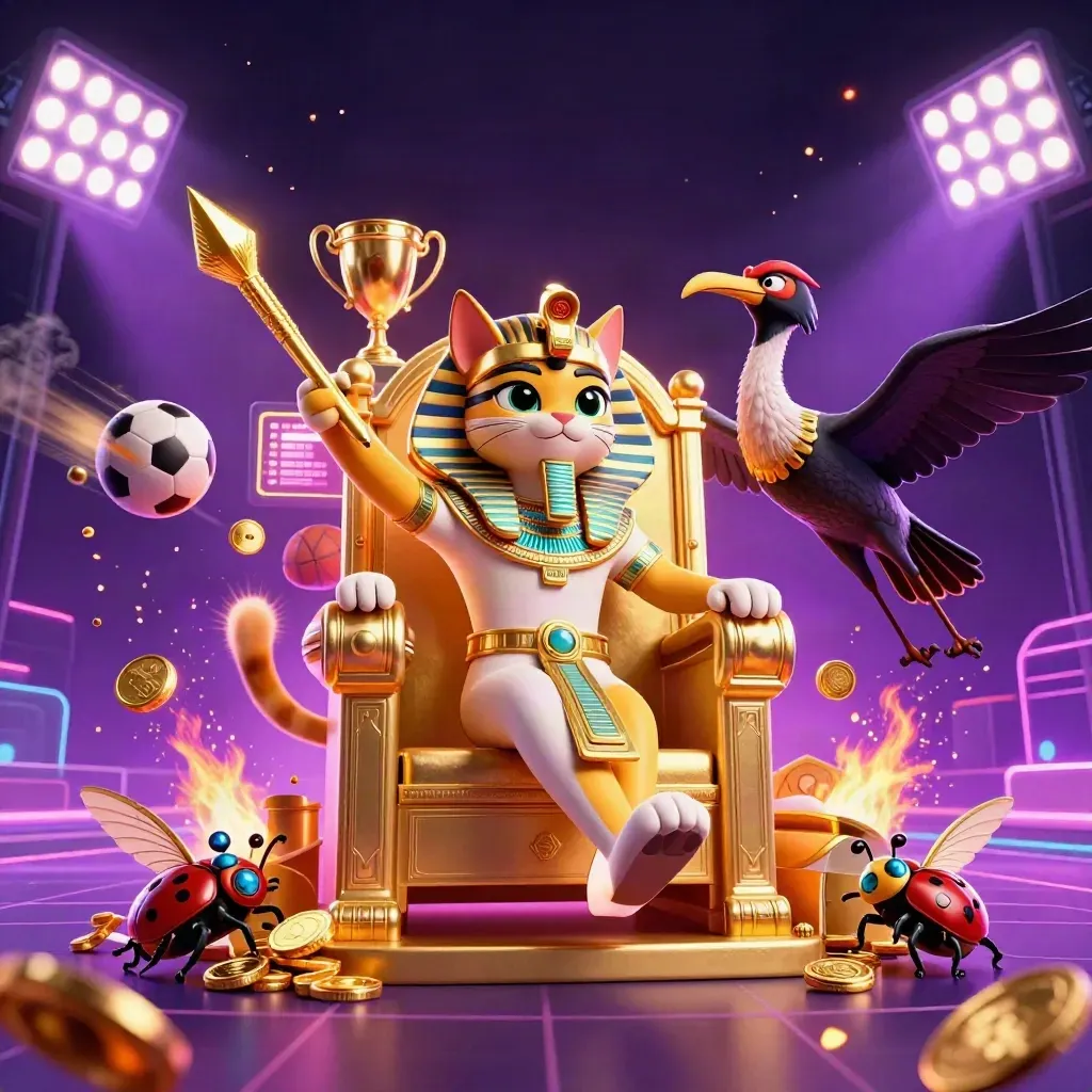 Pharaoh cat, ibis scribe, and gem-wing scarabs amid coins, sports balls, and neon casino lights.