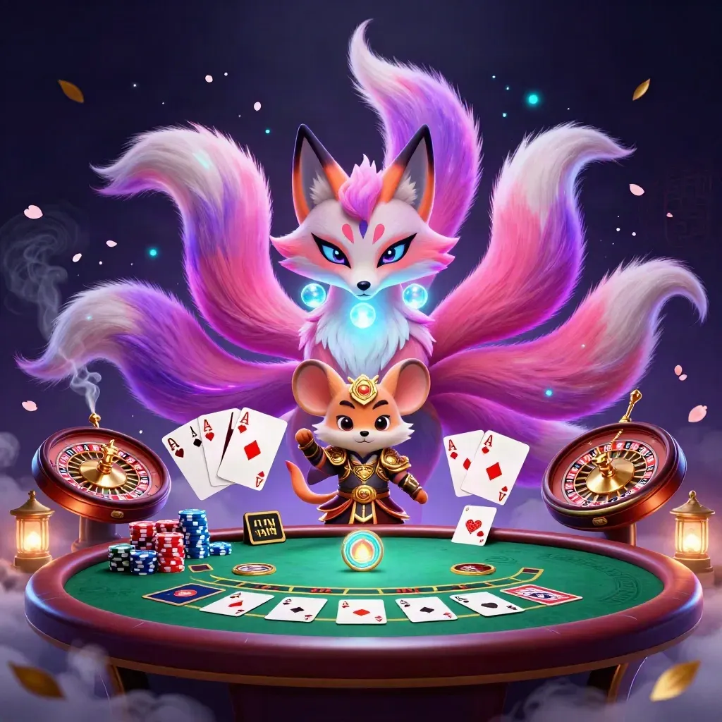 Neon fox spirit and armored mouse amid casino tables, chips, cards and glowing magic.