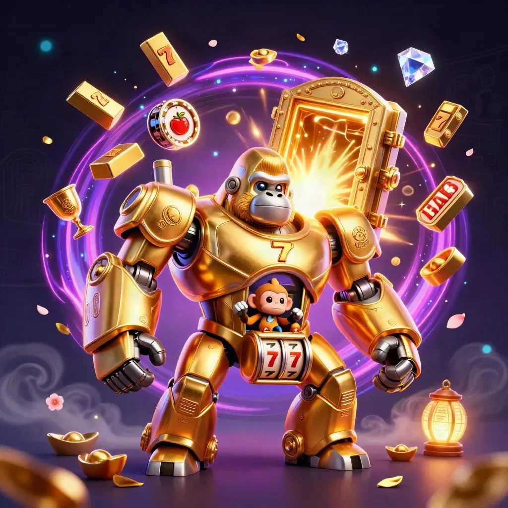 Golden gorilla mech with monkey pilot exploding from a treasure vault amid gems and neon casino magic