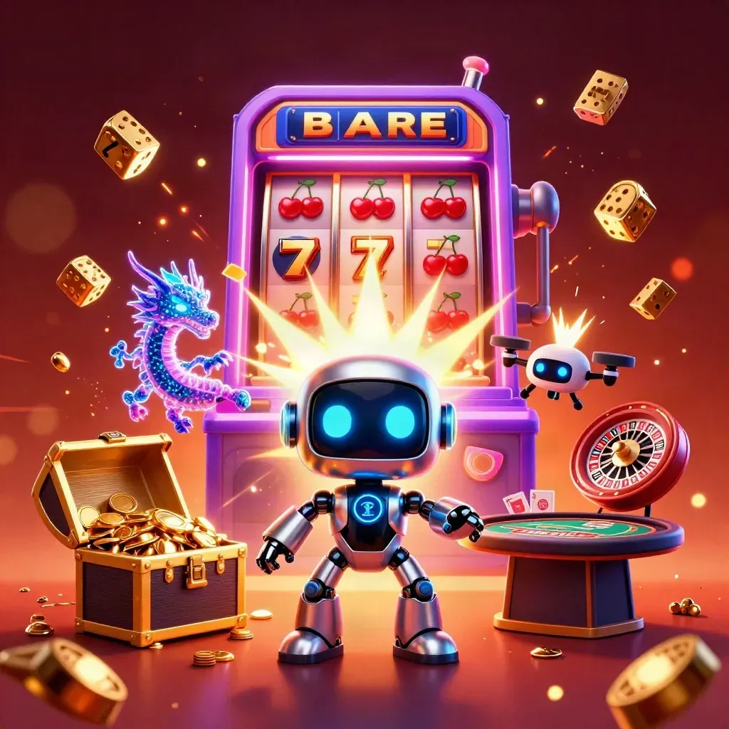 Cyberpunk robot, holographic dragon and drone amid exploding slots, coins and treasure