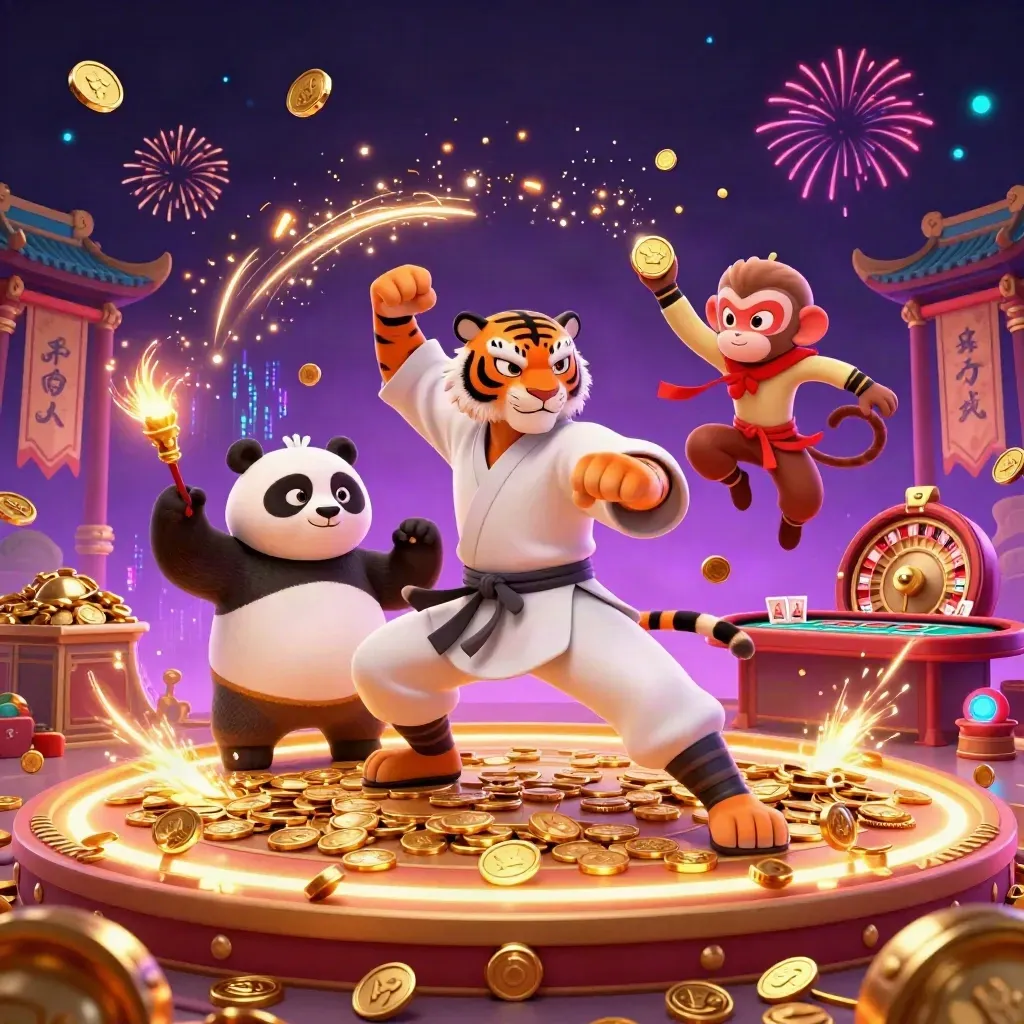 Tiger, panda, and monkey heroes amid vault coins, neon effects, and casino props