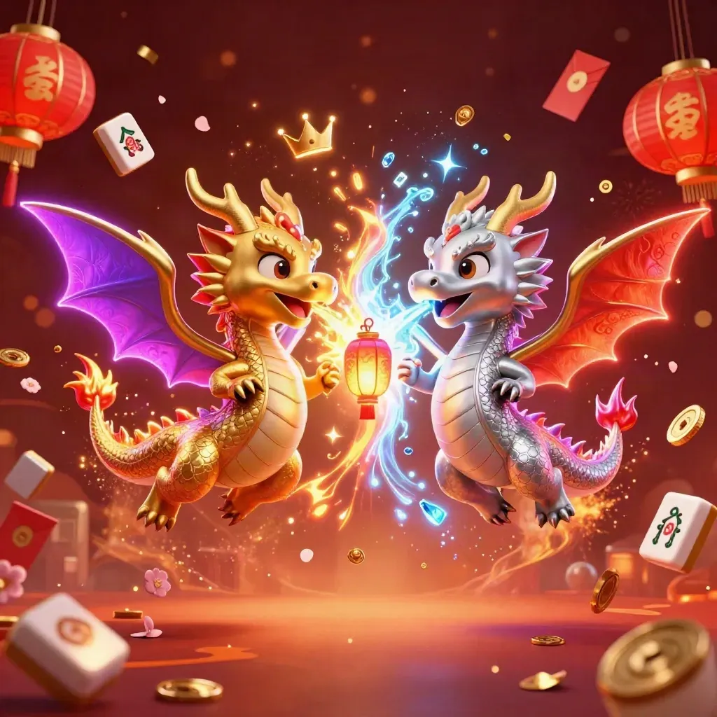 Gold and silver dragons form a yin-yang of fire and ice with treasure, lanterns, and coins bursting around them.