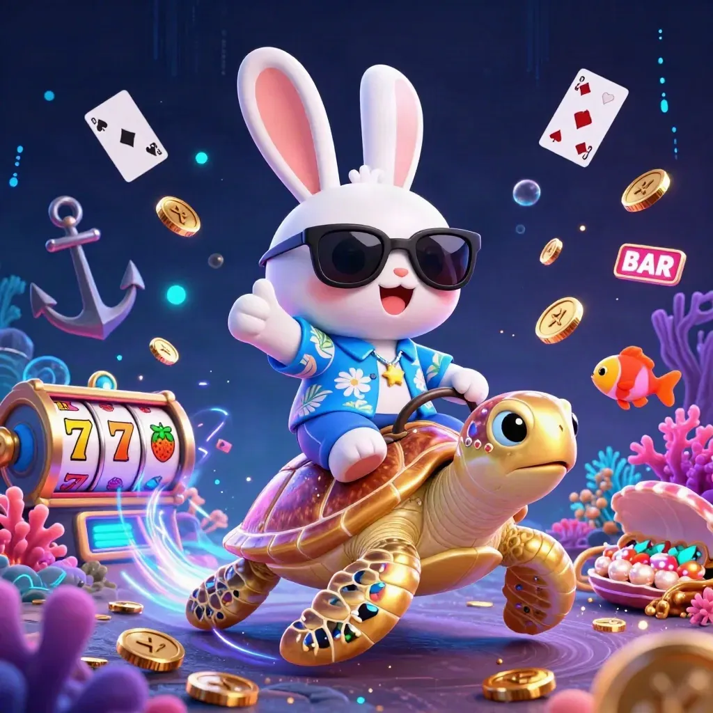 Lucky rabbit rides a golden turtle through a neon underwater treasure cove with coins and gems