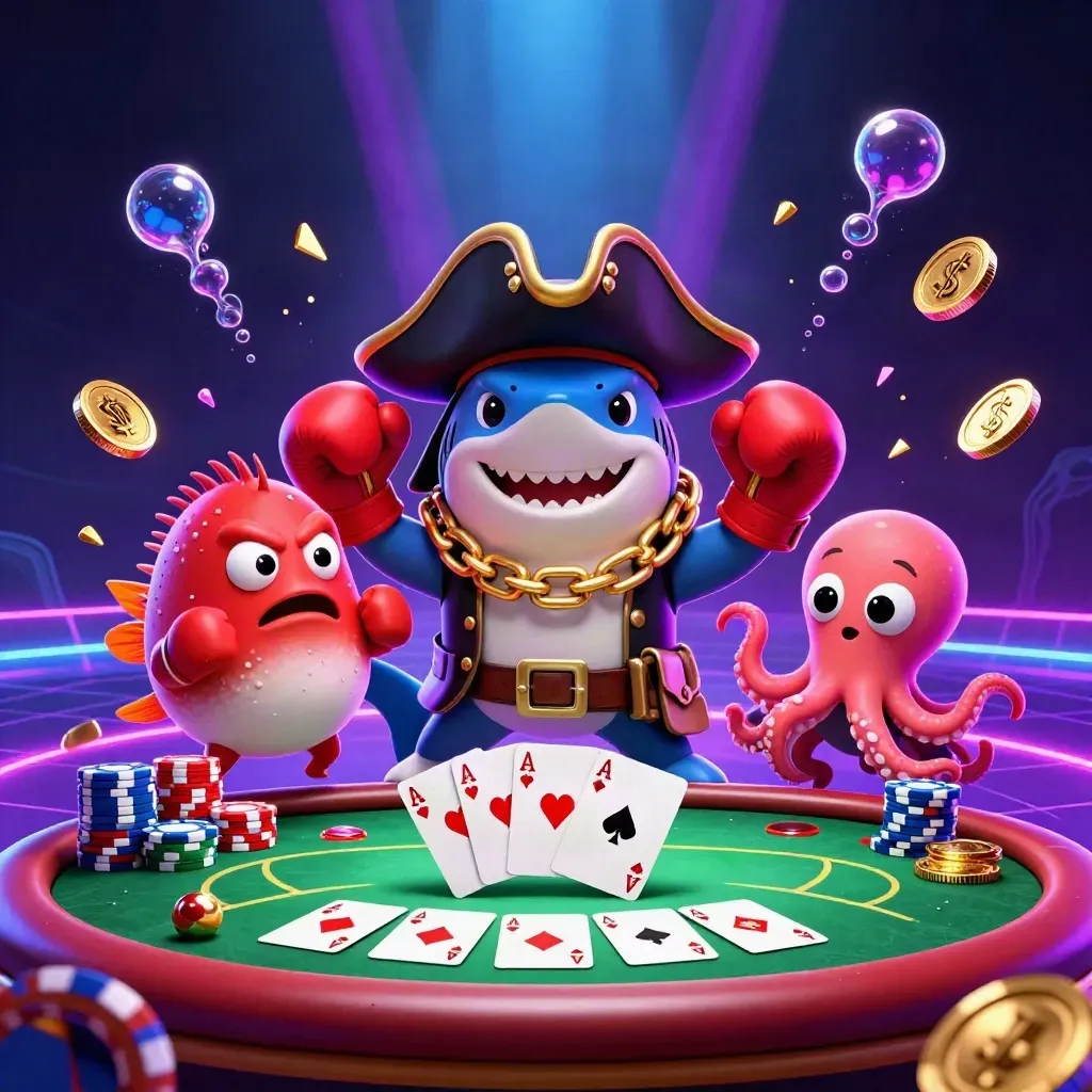 Shark pirate, boxing pufferfish and coin-juggling octopus amid poker chips and neon bubbles.