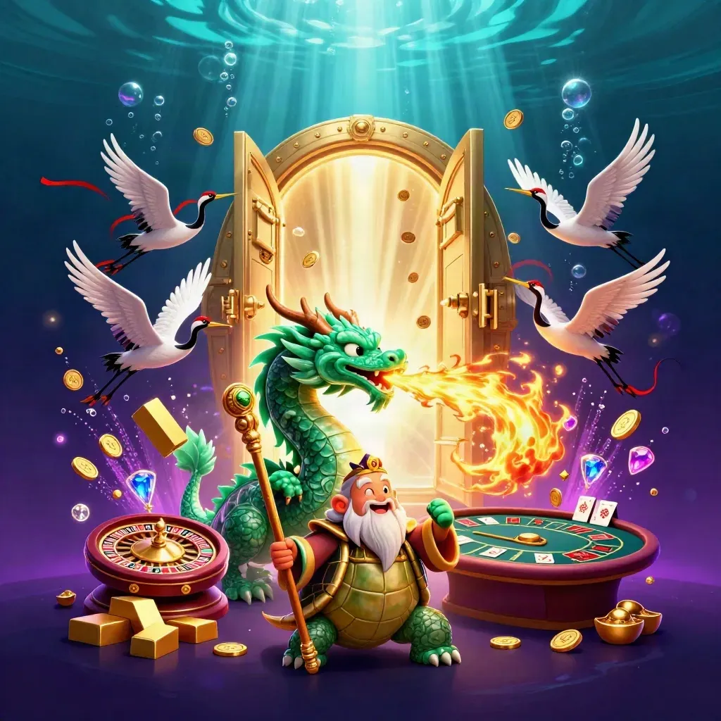 Dragon, turtle sage, and cranes erupt from a vault with coins, gems, and casino lights underwater