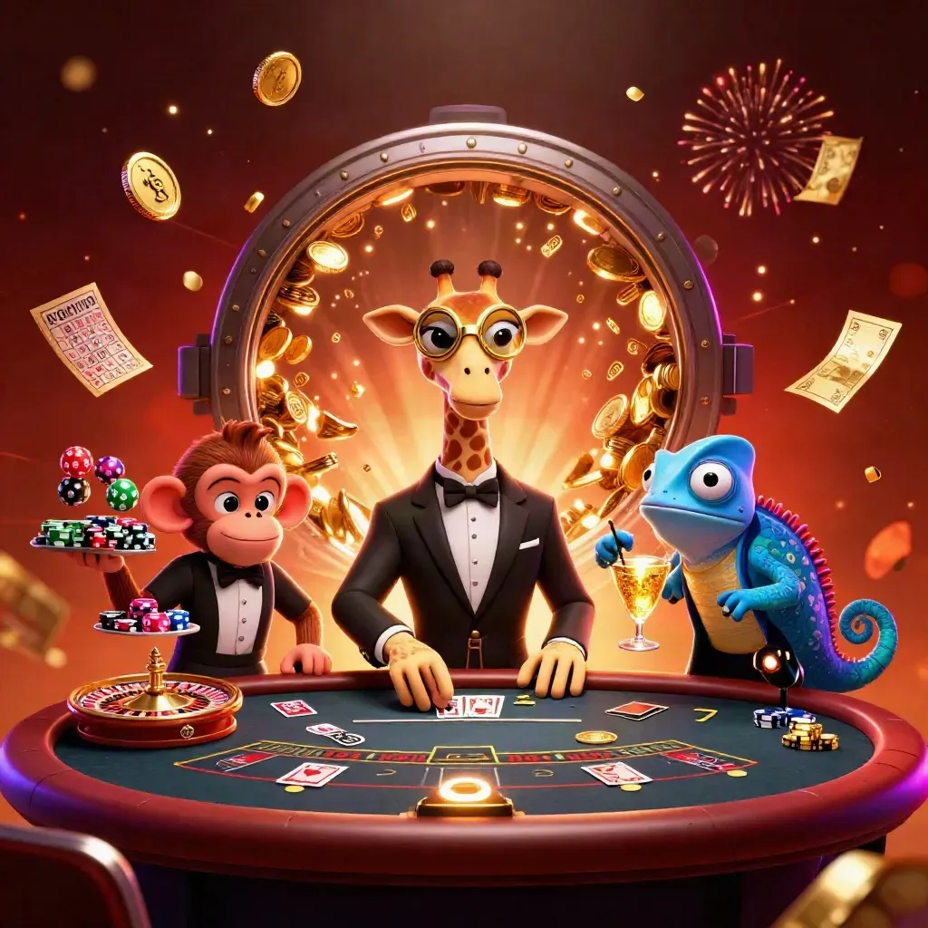 Giraffe, monkey, and chameleon celebrate amid coins, fireworks, and casino tables.