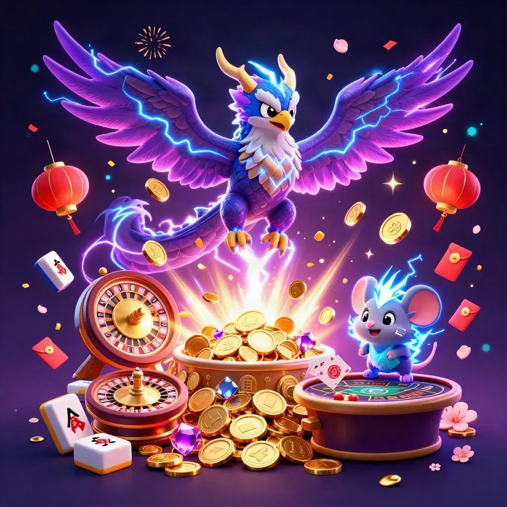 Thunder dragon, wind hawk and spark-mouse amid casino gold, fireworks and coins