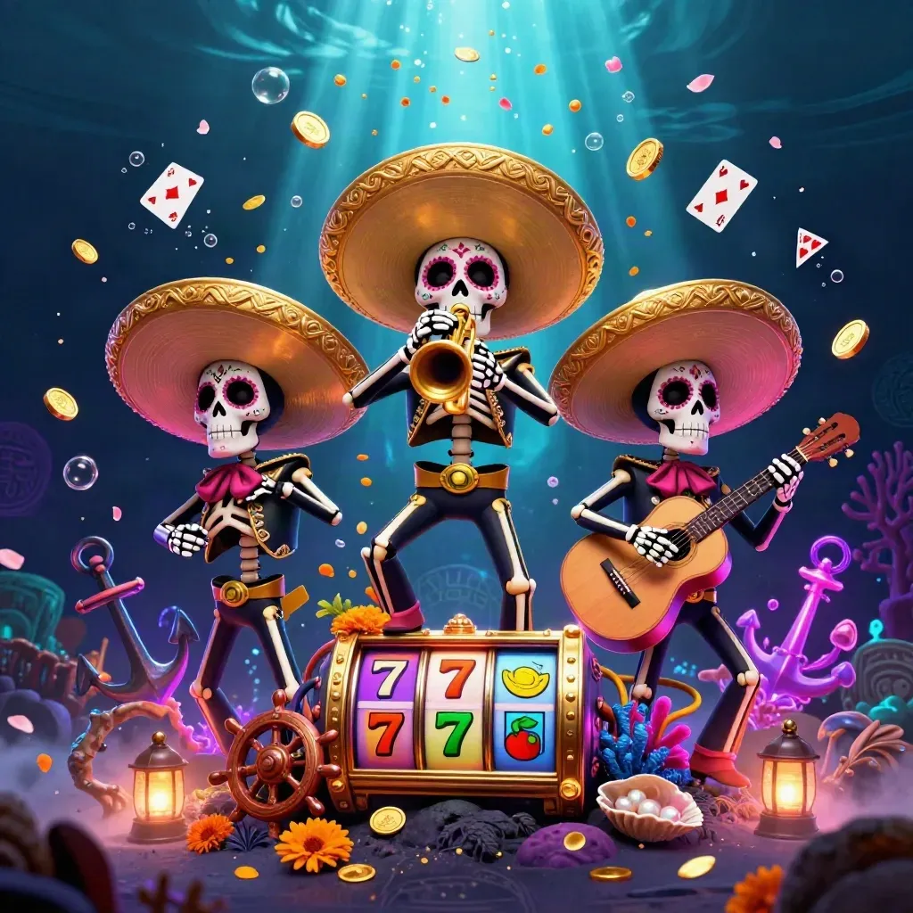 Three skeleton mariachi performers amid underwater casino treasures and neon coral.